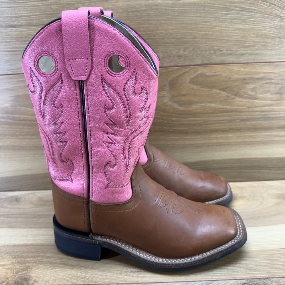 OLD WEST Cowgirl Western Boots Girls 2 Brown Pink Leather Square Toe Rodeo Ranch